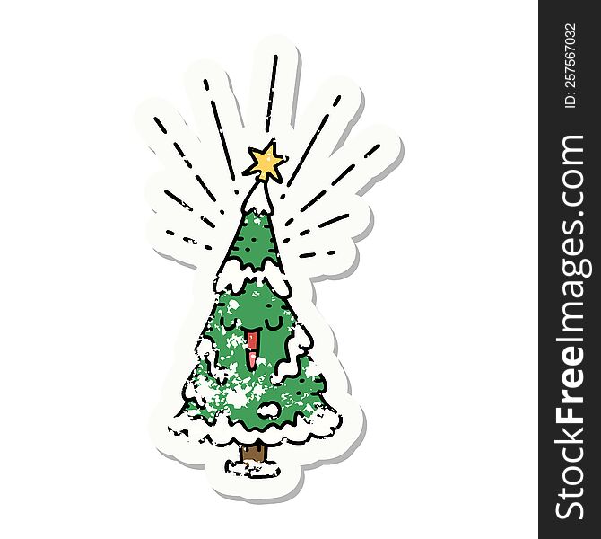 worn old sticker of a tattoo style happy christmas tree. worn old sticker of a tattoo style happy christmas tree