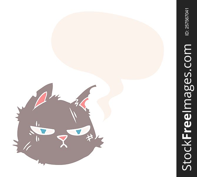 cartoon tough cat face with speech bubble in retro style
