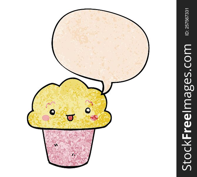 cartoon cupcake with face with speech bubble in retro texture style. cartoon cupcake with face with speech bubble in retro texture style