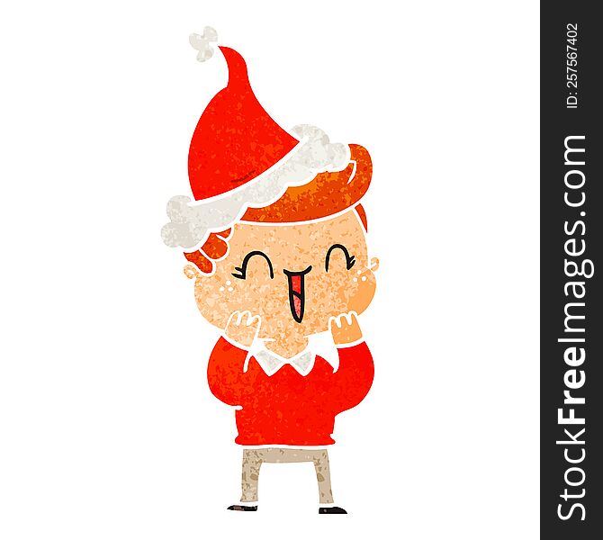 hand drawn retro cartoon of a laughing boy wearing santa hat