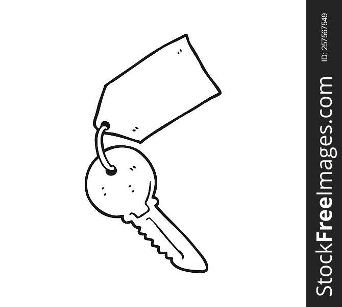 freehand drawn black and white cartoon key with tag