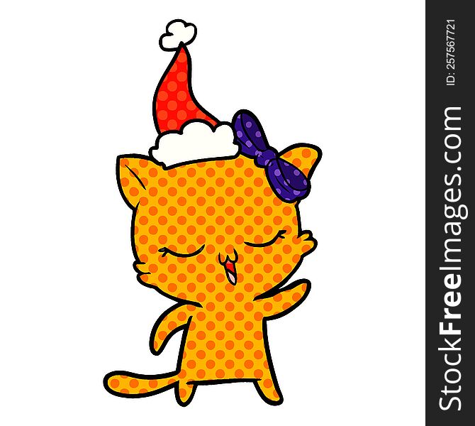 Comic Book Style Illustration Of A Cat With Bow On Head Wearing Santa Hat