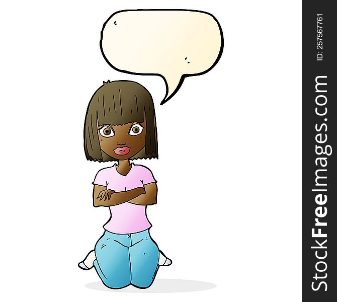 cartoon woman kneeling with speech bubble