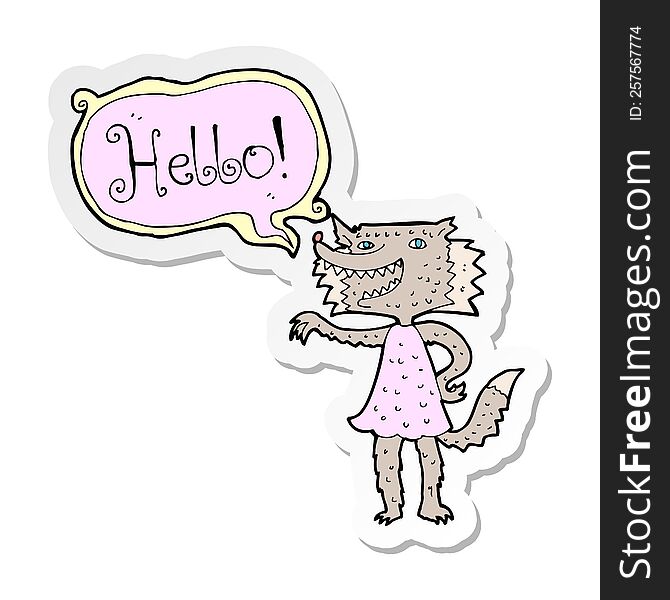 sticker of a cartoon wolf girl saying hello