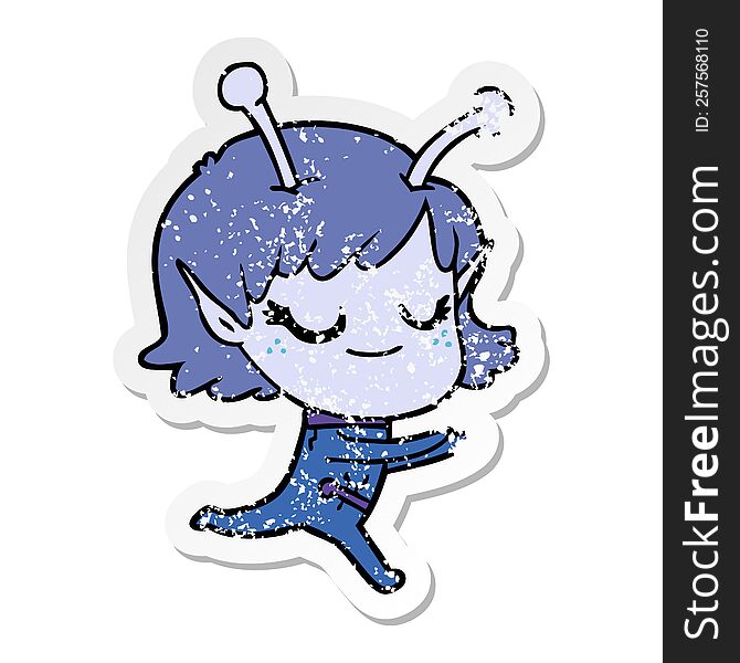 distressed sticker of a smiling alien girl cartoon running