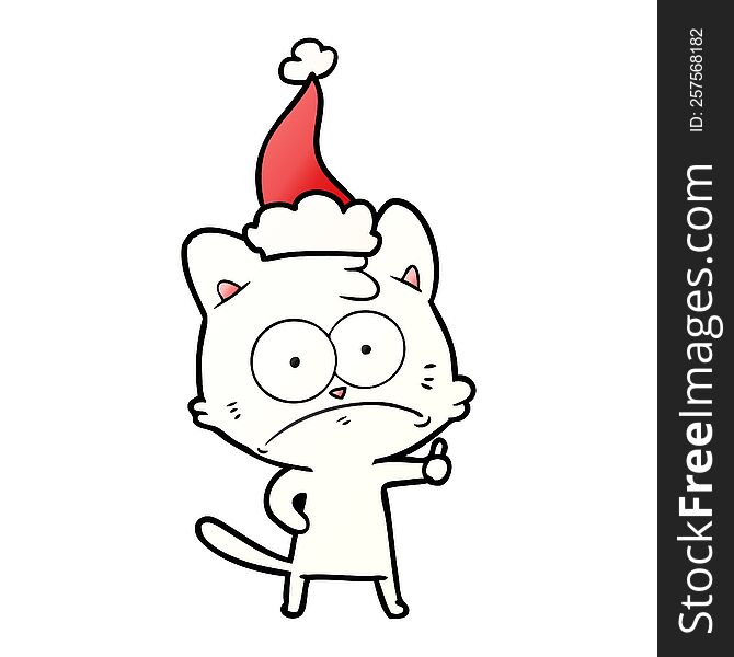 hand drawn gradient cartoon of a nervous cat wearing santa hat