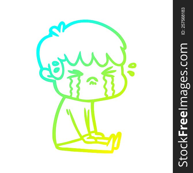 cold gradient line drawing of a cartoon boy crying
