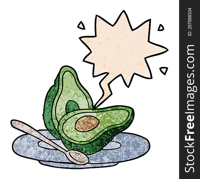 cartoon halved avocado with speech bubble in retro texture style