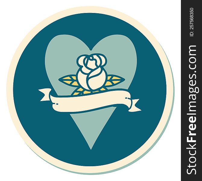 sticker of tattoo in traditional style of a heart rose and banner. sticker of tattoo in traditional style of a heart rose and banner