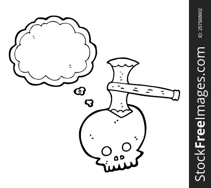 freehand drawn thought bubble cartoon axe in skull