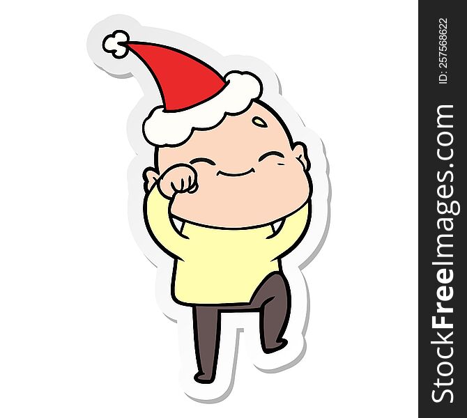Happy Sticker Cartoon Of A Bald Man Wearing Santa Hat