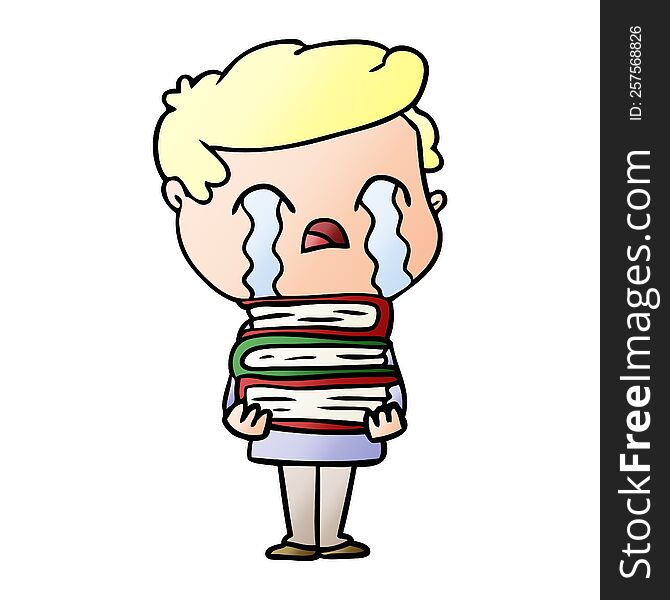 cartoon man crying over stack of books. cartoon man crying over stack of books