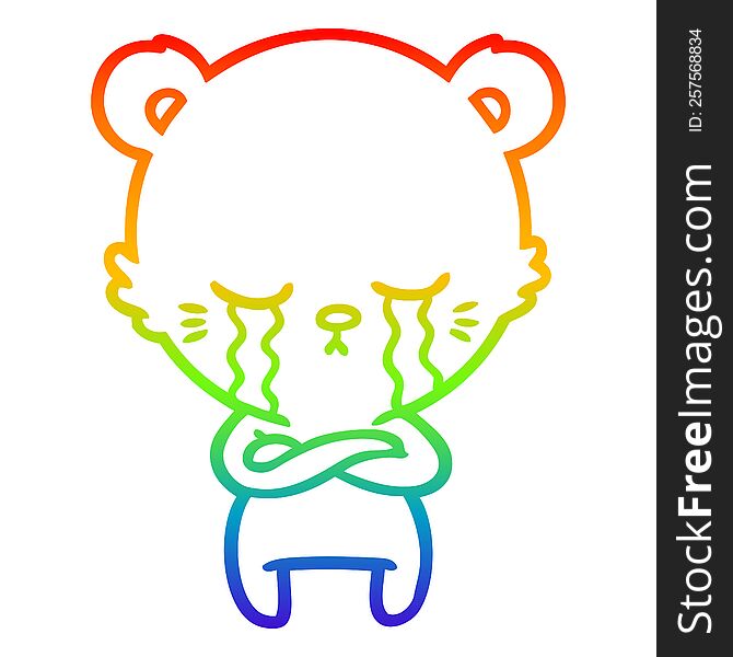 rainbow gradient line drawing crying cartoon bear with folded arms