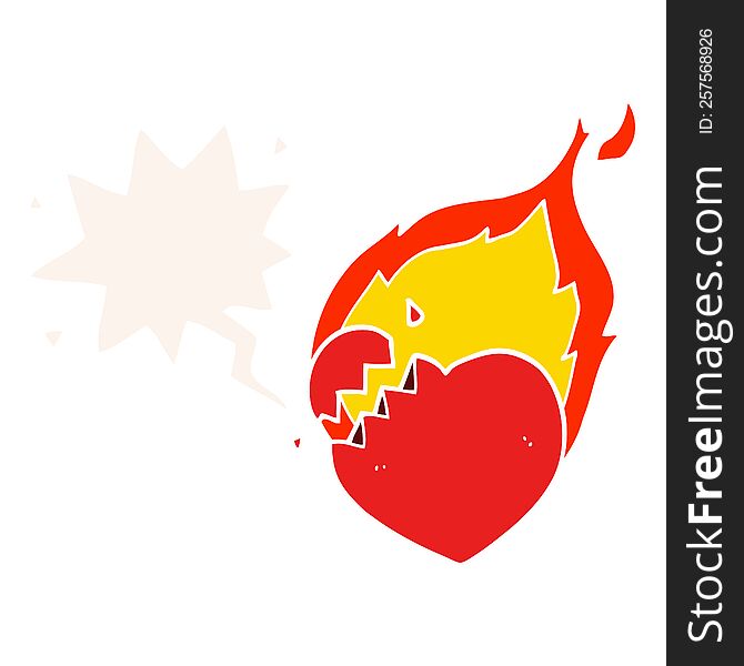 cartoon flaming heart with speech bubble in retro style