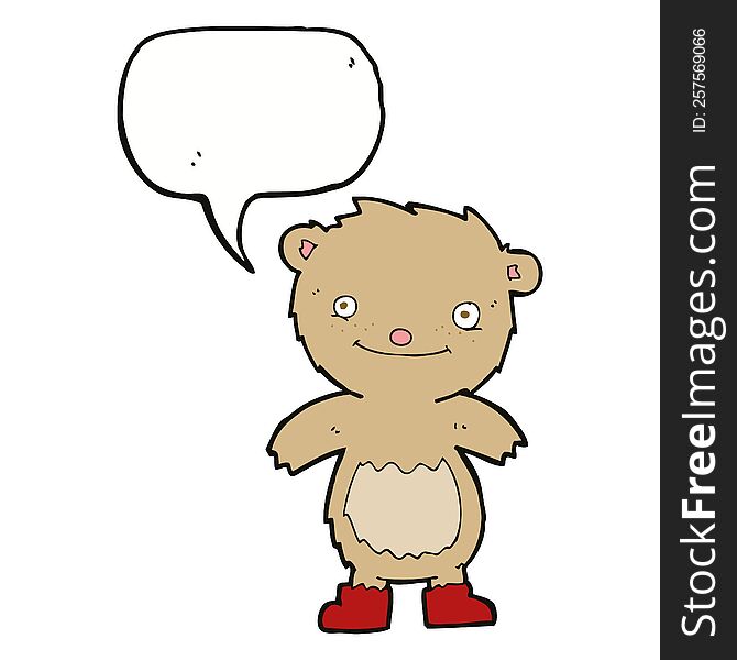 cartoon teddy bear wearing boots with speech bubble