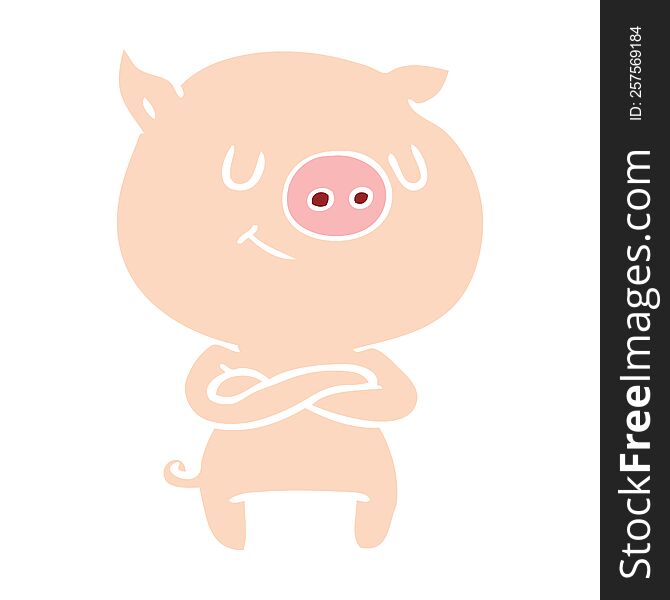 happy flat color style cartoon pig with crossed arms