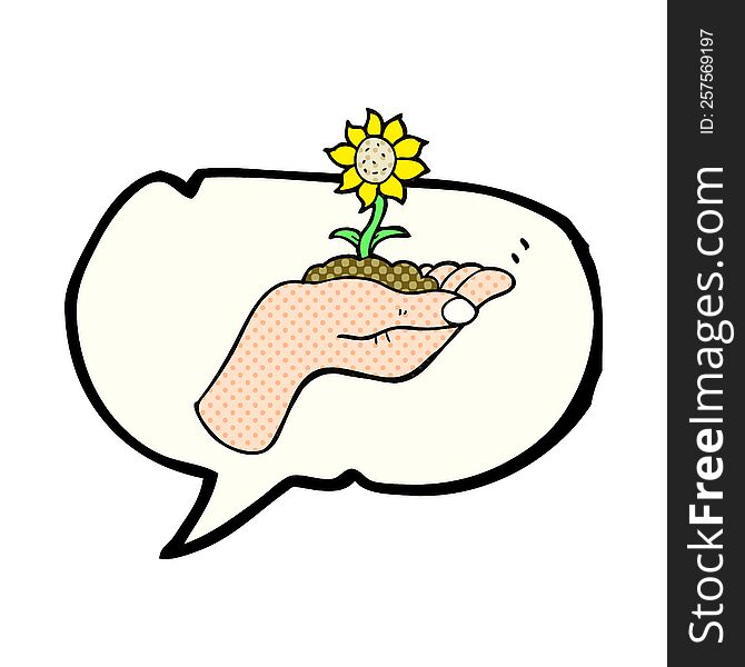 comic book speech bubble cartoon flower growing in palm of hand