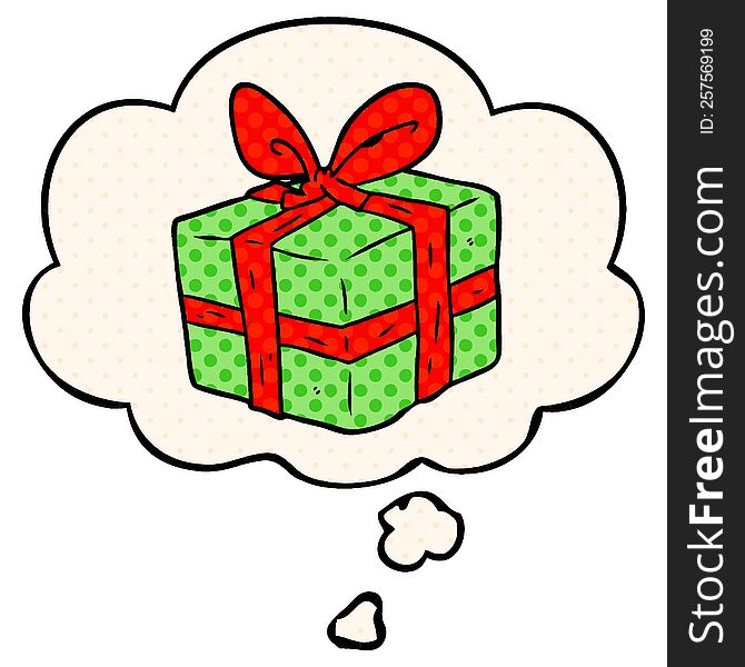 Cartoon Wrapped Gift And Thought Bubble In Comic Book Style