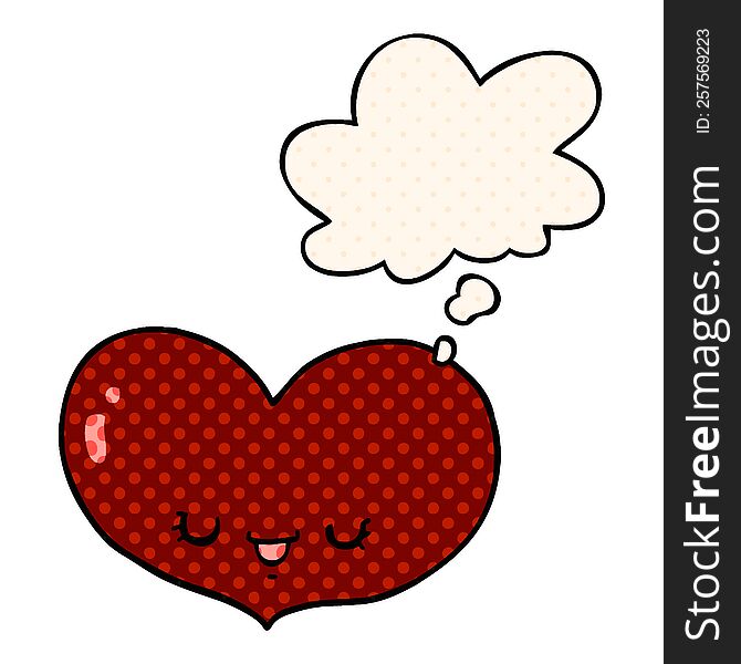 cartoon love heart character with thought bubble in comic book style