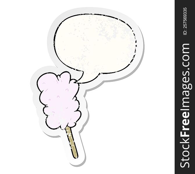 cartoon candy floss on stick and speech bubble distressed sticker