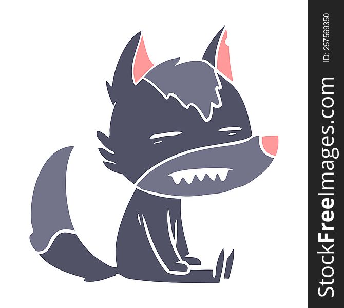 flat color style cartoon sitting  wolf showing teeth