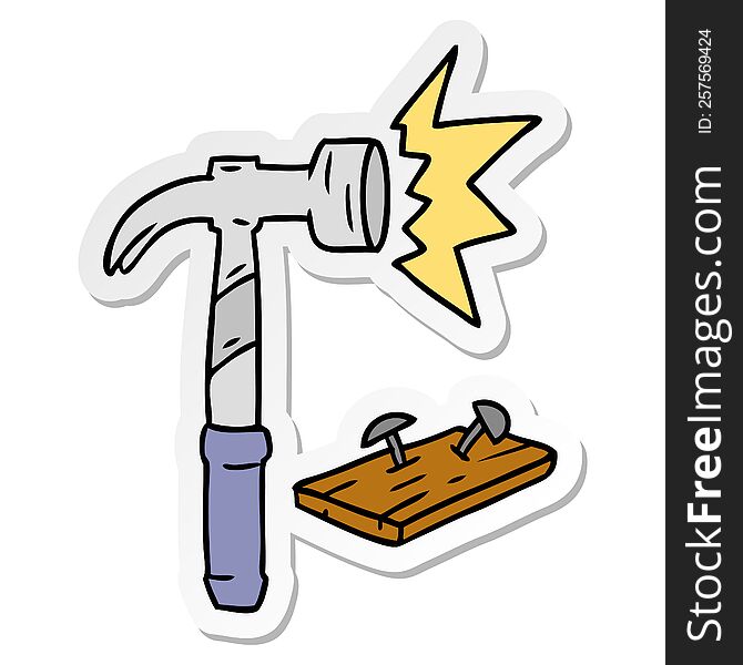 hand drawn sticker cartoon doodle of a hammer and nails