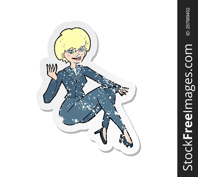 retro distressed sticker of a cartoon businesswoman sitting