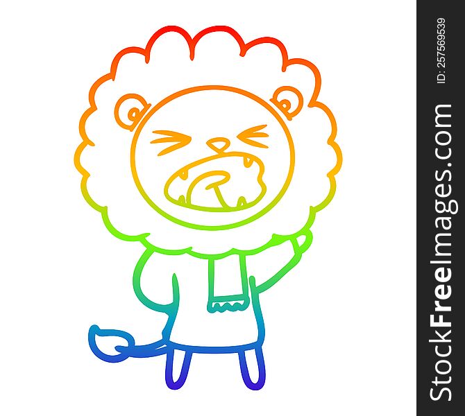Rainbow Gradient Line Drawing Cartoon Lion In Winter Clothes