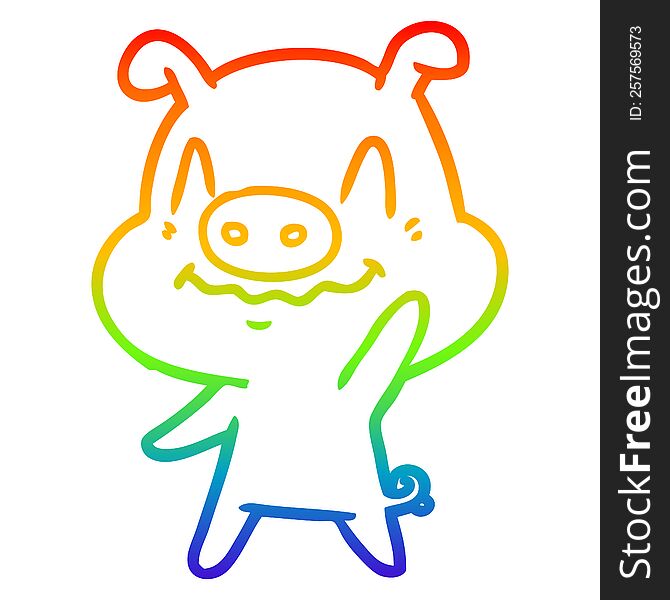 Rainbow Gradient Line Drawing Nervous Cartoon Pig Waving