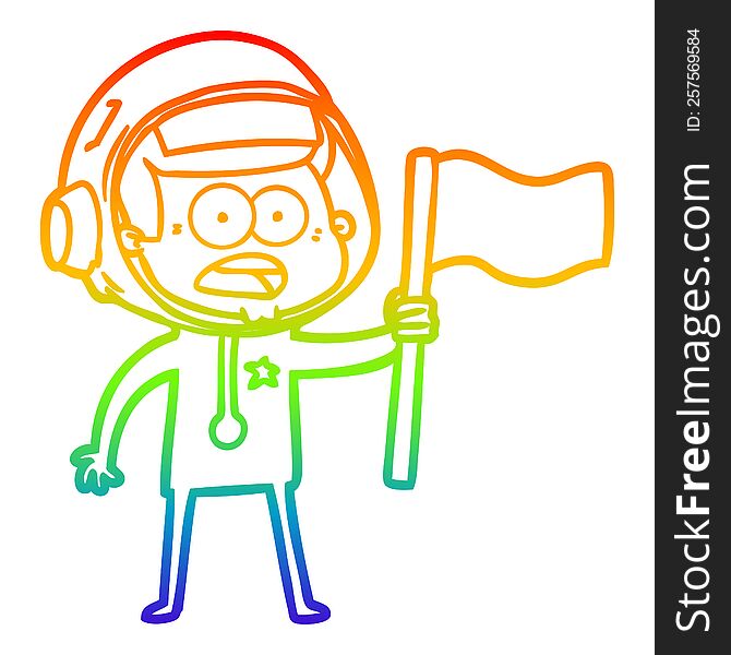 rainbow gradient line drawing of a cartoon surprised astronaut waving flag