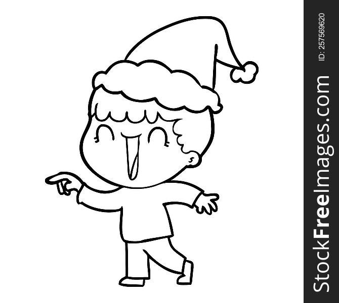 Laughing Line Drawing Of A Man Pointing Wearing Santa Hat