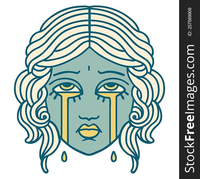 iconic tattoo style image of female face crying. iconic tattoo style image of female face crying