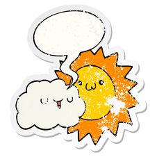 Cartoon Sun And Cloud And Speech Bubble Distressed Sticker Royalty Free Stock Photos