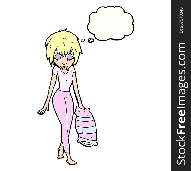 cartoon woman going to bed with thought bubble