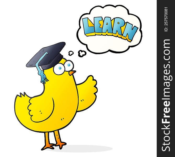 freehand drawn thought bubble cartoon bird with learn text