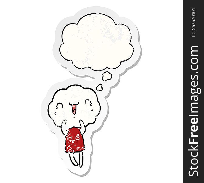 Cute Cartoon Cloud Head Creature And Thought Bubble As A Distressed Worn Sticker
