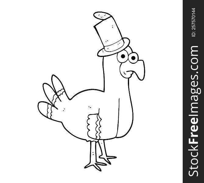 freehand drawn black and white cartoon bird wearing top hat