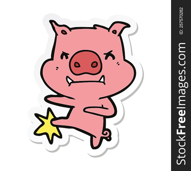 sticker of a angry cartoon pig karate kicking