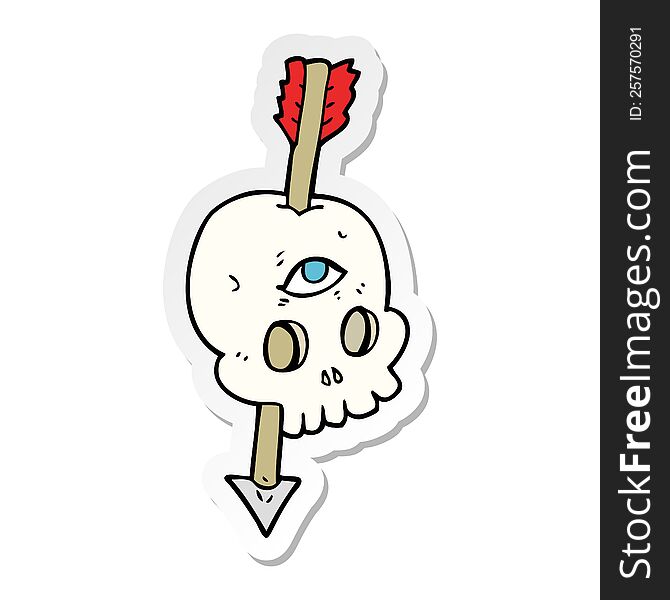 sticker of a cartoon magic skull with arrow through brain