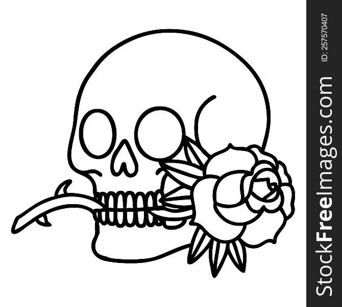 tattoo in black line style of a skull and rose. tattoo in black line style of a skull and rose