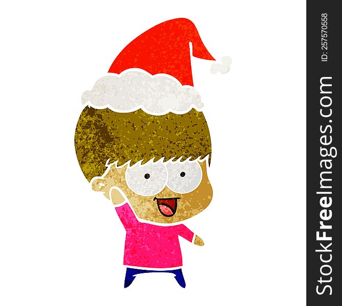 Happy Retro Cartoon Of A Boy Waving Wearing Santa Hat