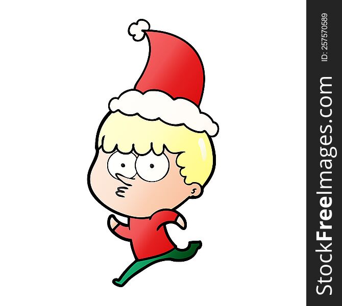 Gradient Cartoon Of A Curious Boy Running Wearing Santa Hat