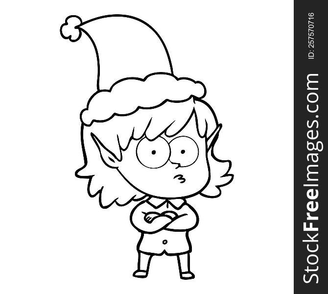 hand drawn line drawing of a elf girl staring wearing santa hat