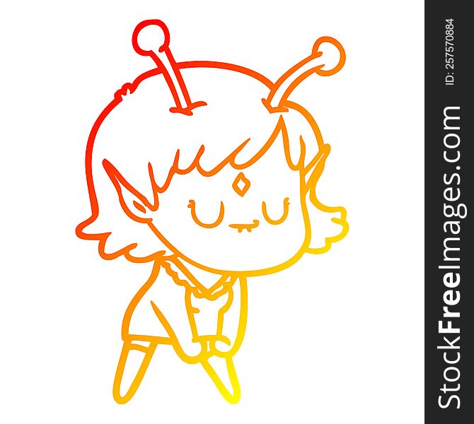warm gradient line drawing of a cartoon alien girl doing muscle pose