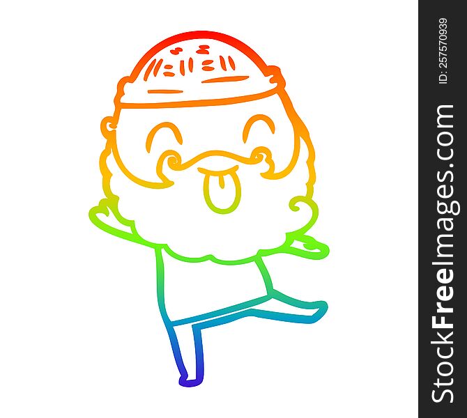 rainbow gradient line drawing of a dancing man with beard sticking out tongue