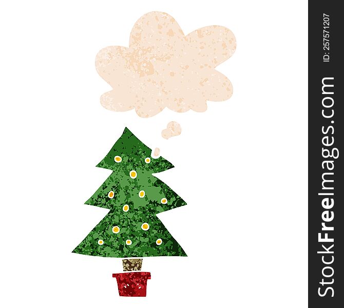 Cartoon Christmas Tree And Thought Bubble In Retro Textured Style