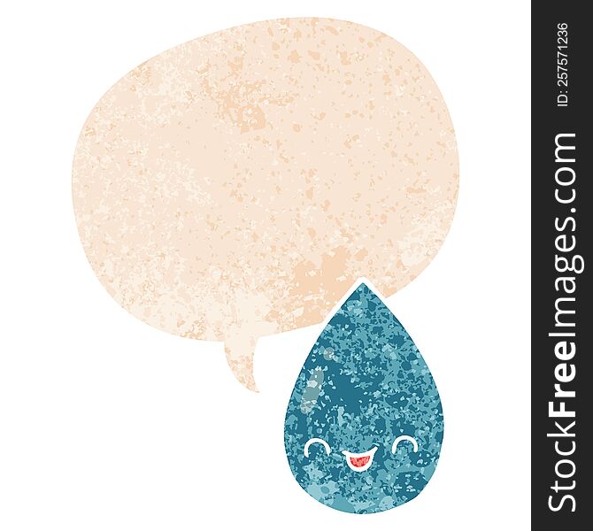 Cartoon Cute Raindrop And Speech Bubble In Retro Textured Style