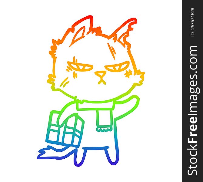 rainbow gradient line drawing of a tough cartoon cat with christmas present