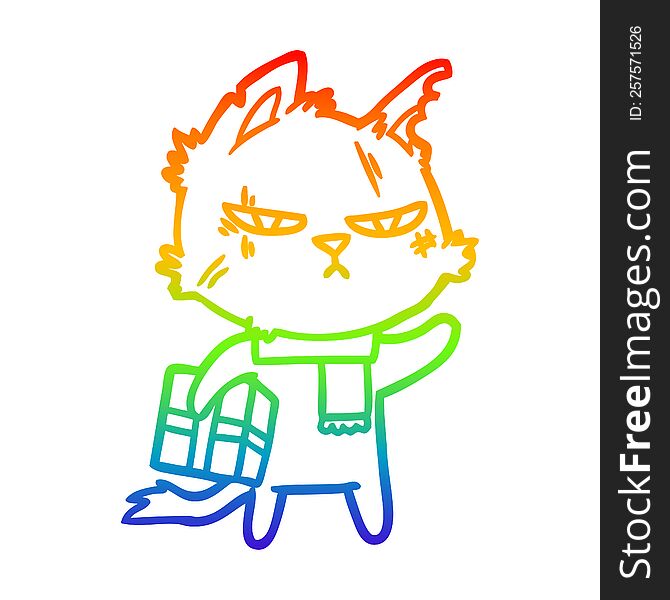 Rainbow Gradient Line Drawing Tough Cartoon Cat With Christmas Present