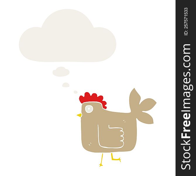 cartoon chicken with thought bubble in retro style